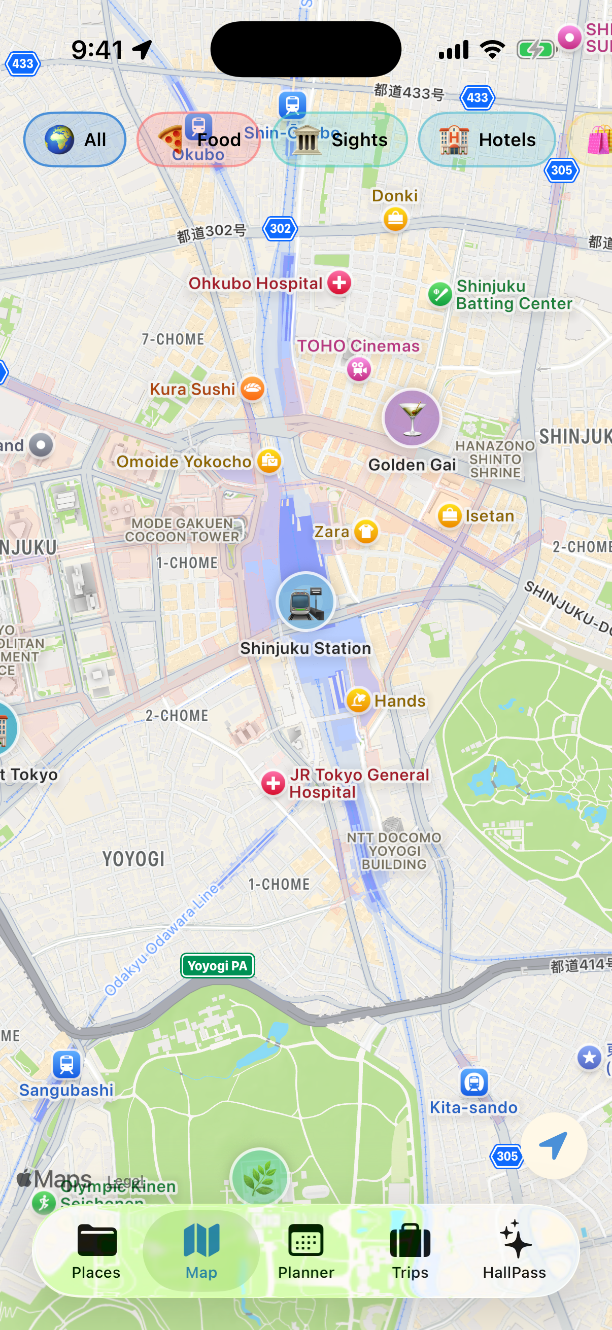 The HallPass map with saved places pinned across a city