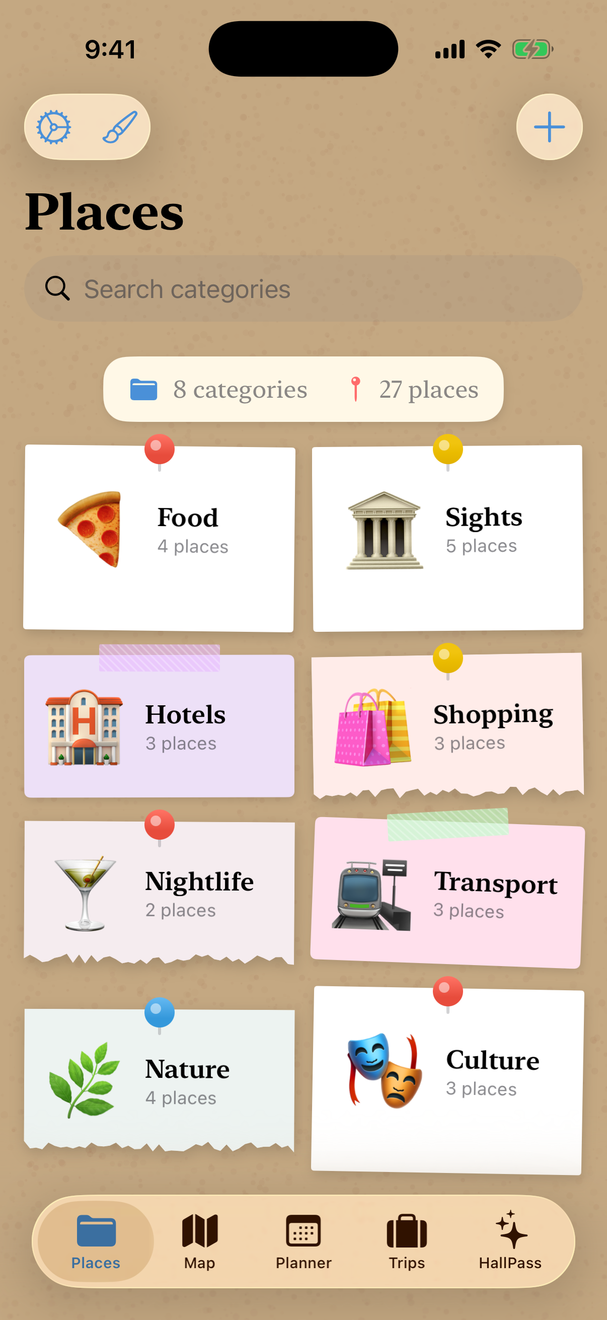 The HallPass Places screen — saved places organised into categories